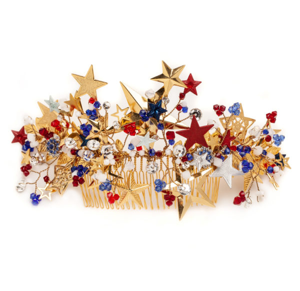 C031 July 4th Fireworks Comb headpiece hair accessory special occasion piece holiday celebration opulent statement patriotic red white blue
