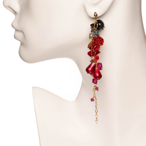 E220 - Ombre of Berries Earrings featuring class blueberries, raspberries, and pomegranate seeds, sparkling intensely with corresponding Swarovski crystals long statement earrings