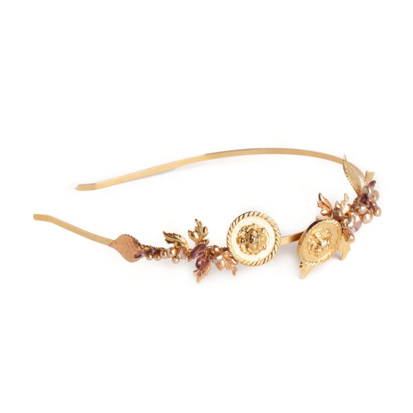 H009 Lavlii Lions Headband Nature Inspired Headpiece Gold leaf Custom Handmade Hair accessory Bridal Wedding Coin Statement Unique Amethyst