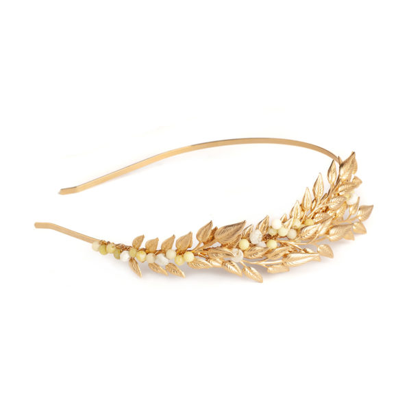 H018 - Soft Sunlight Headband Gold Leaf headpiece leaves crown delicate yellow stones whimsical romantic beach wedding bridal hair accessory