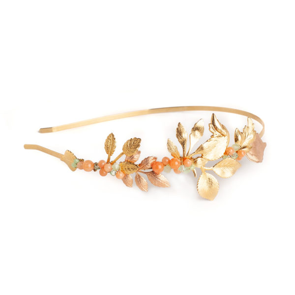 H026 - Coral Charm Headband Stone Chrysolite Opal Natural Nature Inspired Headpiece Gold leaf Custom Handmade Hair accessory Bridal Wedding