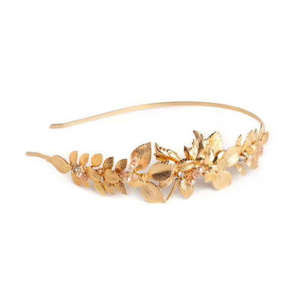 H043 - Gilded Serenity Headband Pink Swarovski crystals pearls Gold leaves Bridal headpiece tiara enchanting romantic wedding hair accessory orchid sparkling