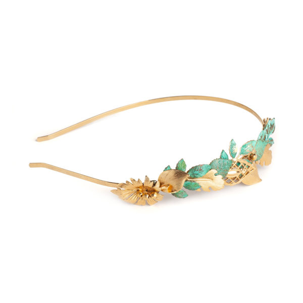 H075 - Verdant Headband Green Blue Patina Handmade Rustic Vintage Nature Inspired Headpiece Gold Leaves Unique High quality Statement hair accessory Whimsical Forest