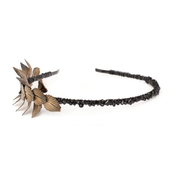 H097 - Noir Elegance Headband Black jet headpiece patina leaves handmade dark mystical statement swarovski crystals crown tiara leaves leaf unique