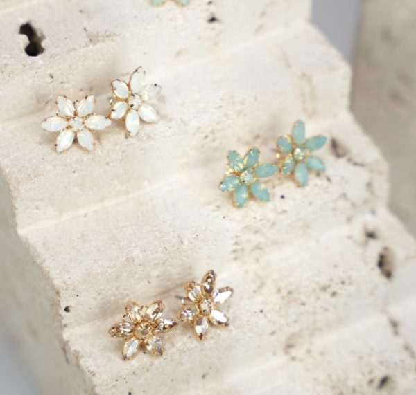 pastel earring studs gold chrysolite opal flowers white stars wedding bridal happy easter ocean beach coastal studs