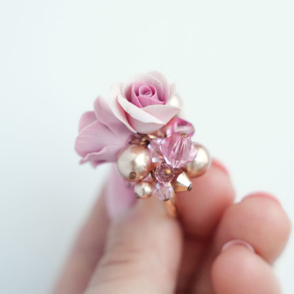 R002 Bouquet of Roses Ring dusty vintage antique rusty elegant roses pink ombre swarovski whimsical statement bridal unique handmade crystal