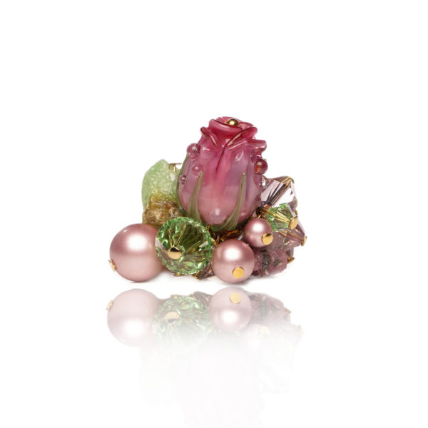R011 - Garden Rose Ring lampwork glass pink swarovski pearl crystals tourmaline green gold handmade whimsical romantic charming lifelike art
