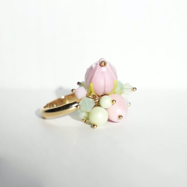 R025 - Spring Pastel Ring Pink glass handmade lapwork gift for her romantic whimsical delicate chrysolite swarovski opal rose Czech beads