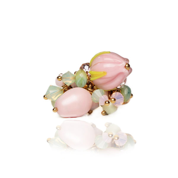 R025 - Spring Pastel Ring Pink glass handmade lapwork gift for her romantic whimsical delicate chrysolite swarovski opal rose Czech beads