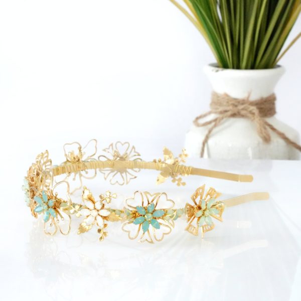 H350 pastel swarovski crystal flower headband in green and blue beach wedding spring fashion sarasota tampa NYC