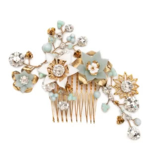 C126 - Bluebell I. Comb headpiece crystals flowers gold something blue floral Swarovski wedding bridal handmade ethereal royal white mint miami palm beach