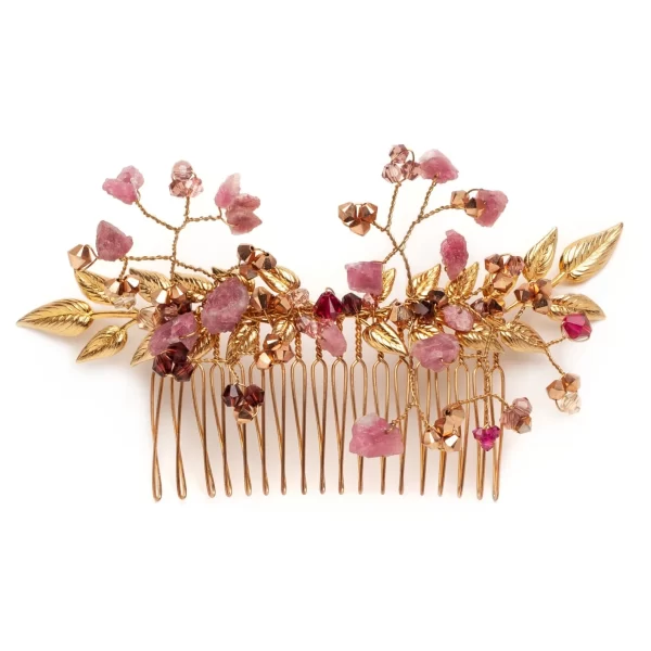 C041 - Rose Tourmaline Comb Headpiece purple pink tourmaline gold leaves enchanting powerful mystical handmade stones Lavlii crystal goddess Europe