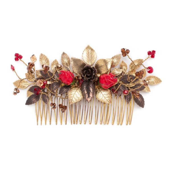 C023 - Tango Passion Comb rose leaves antique wedding bride handmade Spanish red roses leaf gold crystals bronze autumn fall enchanting sarasota