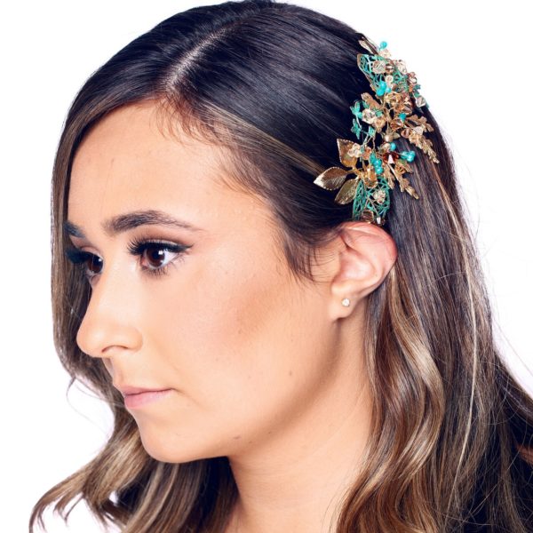 C078 - Golden Patina Queen Comb green blue ocean inspired comb with gold leaves, Verdana vintage rustic boho leaf headpiece with Swarovski Venice