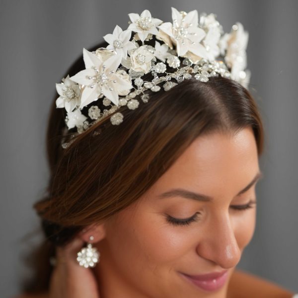 T002- ROYAL LILY BOUQUET Crown floral crown wedding bridal white flowers headpiece handmade statement headband swarovski romantic enchanting