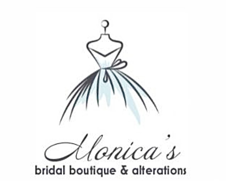 Logo of "Monica's bridal boutique & alterations" featuring a dress form with a stylized blue and white wedding gown drawing.