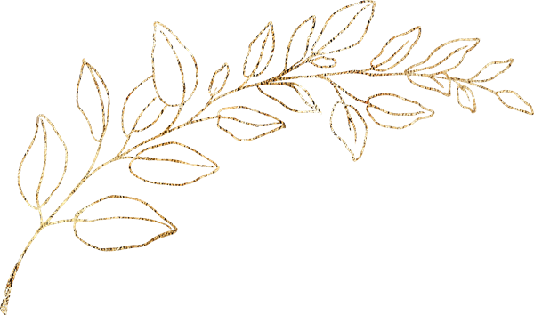 A gold-colored outline illustration of a leafy branch with several leaves.