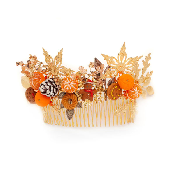 Holiday Cheer comb, gold christmas comb with gold snowflakes, gingerbread, snowy pinecones, mandarins, austrian crystals