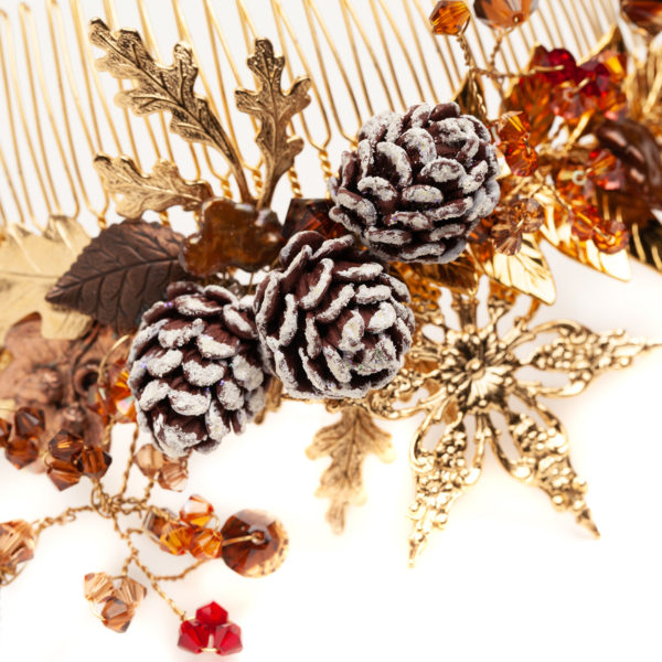 Snowy Pinecones Comb handmade to order bespoke Christmas art hair accessory gold snowflake swarovski gold leaf oak ruby siam red fireopal orange pearl brown statement piece