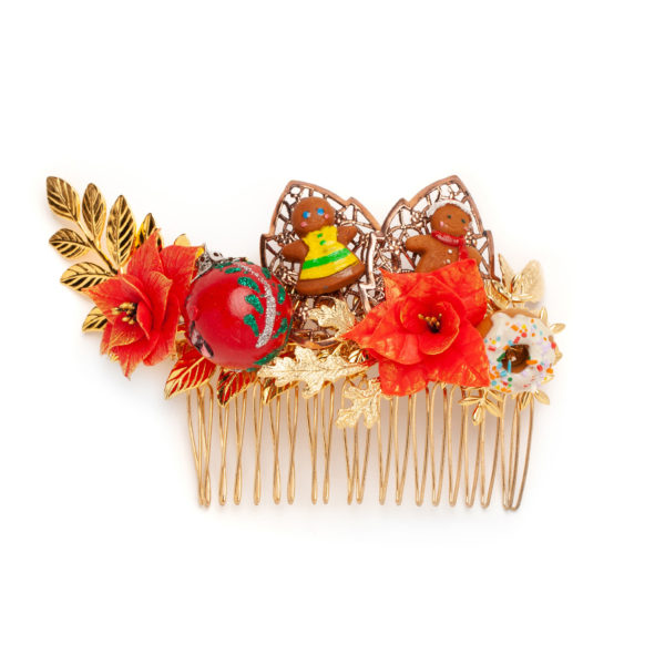 poinsettia flower red gold holiday comb leaves, christmas ornament, gingerbread figurines donut