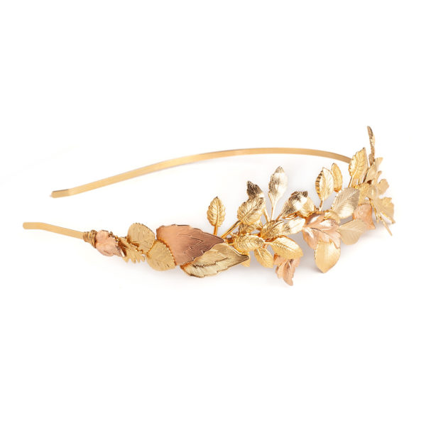 H030 - Enchanting Cascade Headband whimsical romantic gold wedding rose pink bridal forest leaves classy elegant headpiece hair accessory