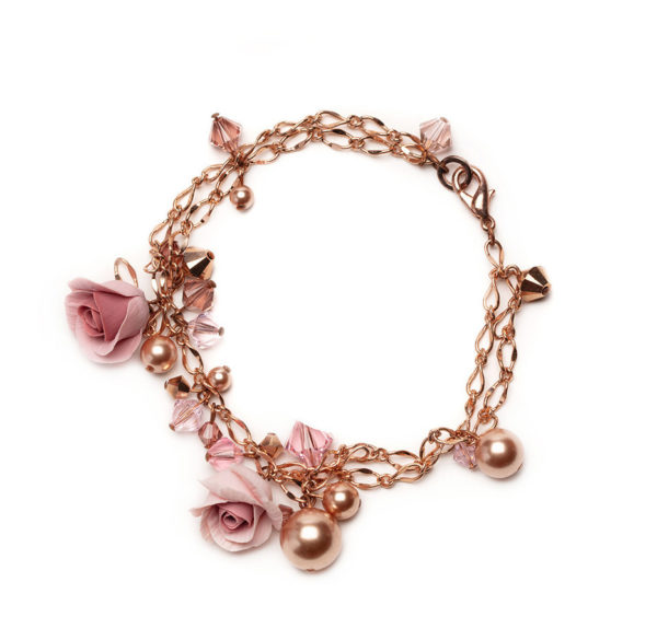 L002 - Dusty Rose Bracelet clay rose buds in vintage pink ombre Swarovski crystals rose gold chain whimsical romantic enchanting gift