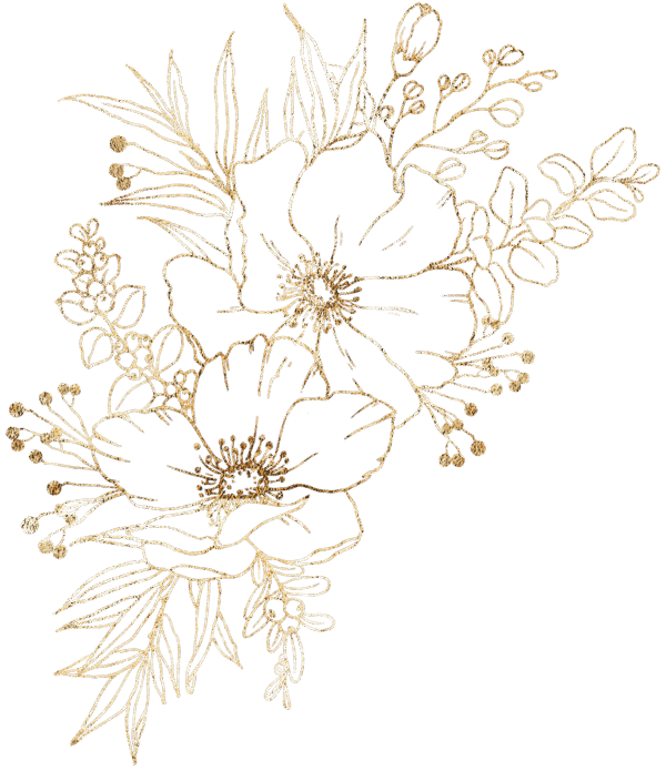 Gold line art illustration of flowers and leaves arranged in a bouquet.