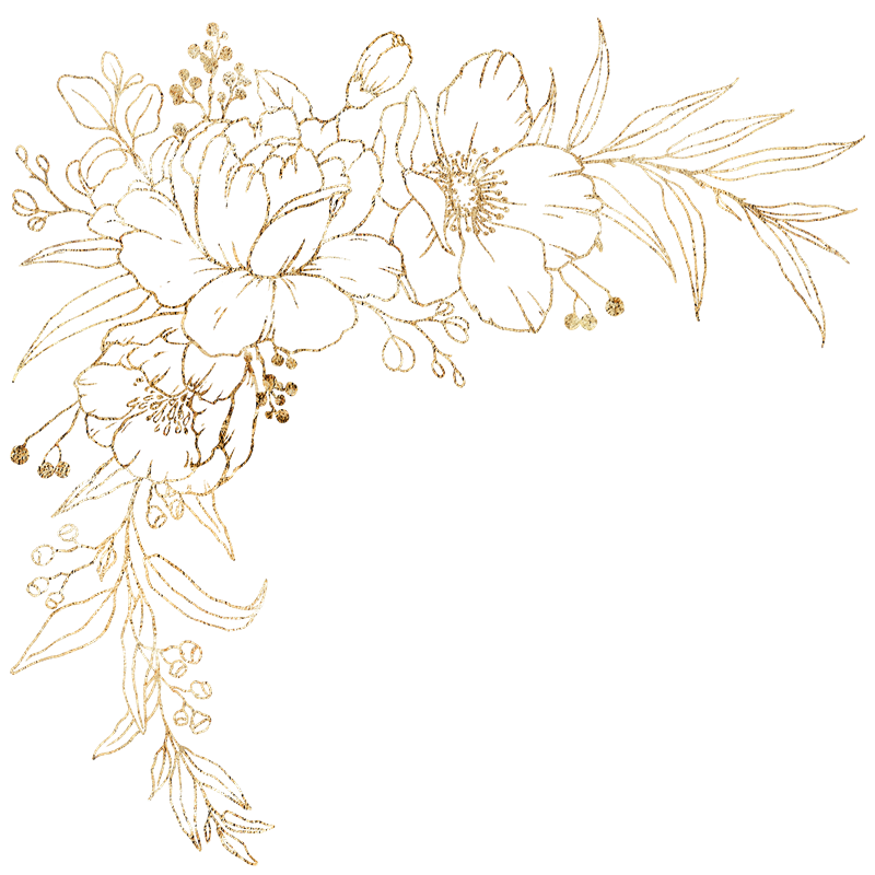 A golden floral corner border with intricate flowers, leaves, and buds on a transparent background.