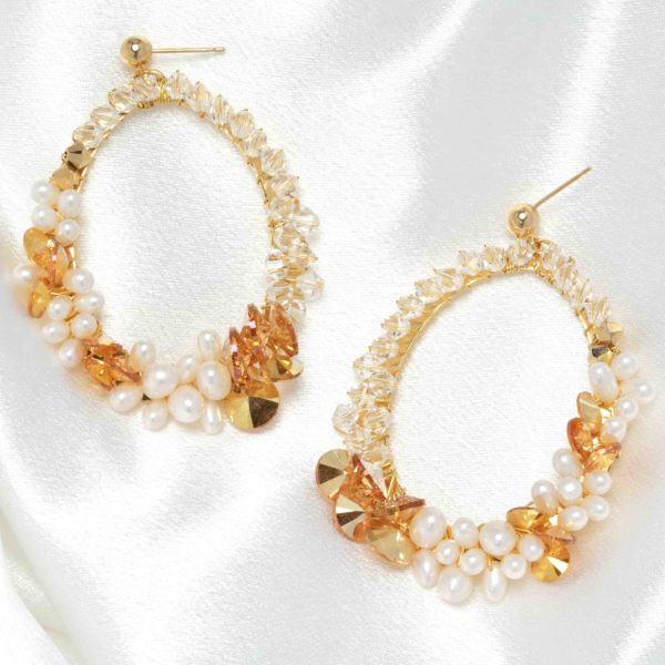 E469 - Sunlit Pearl Earrings gold pearl Swarovski crystals mermaid beach rivoli handmade bridal impressive boho statement large oversized