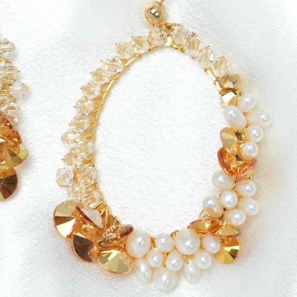 E469 - Sunlit Pearl Earrings gold pearl Swarovski crystals mermaid beach rivoli handmade bridal impressive boho statement large oversized