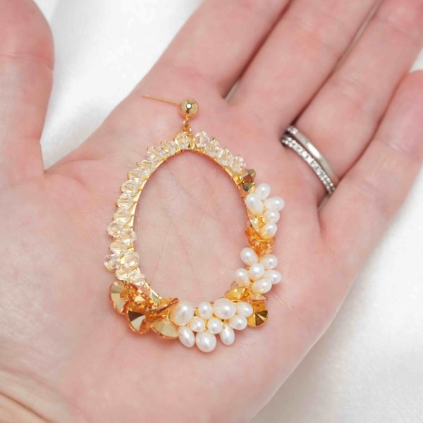 E469 - Sunlit Pearl Earrings gold pearl Swarovski crystals sustainable art mermaid beach rivoli handmade bridal impressive boho statement large oversized gorgeous bridal pearls handcrafted USA