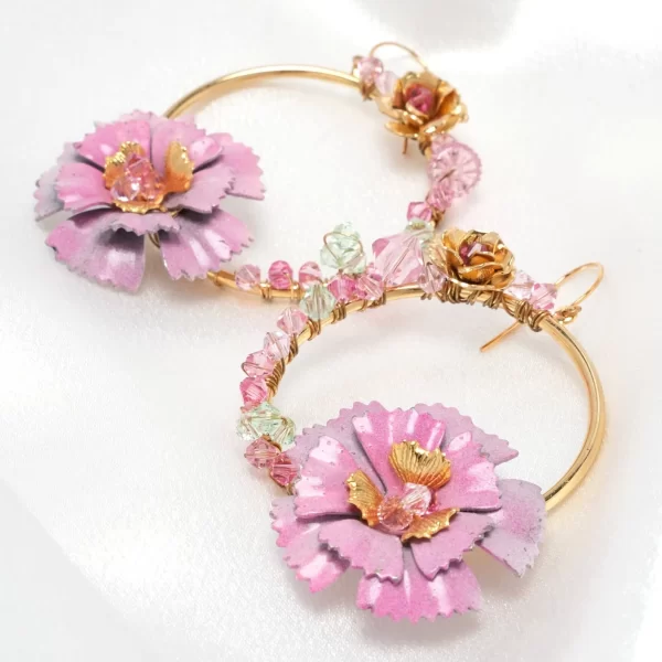 E611 - Rustic Charm Loop Earrings pink vintage boho farmhouse floral flowers hoops Swarovski crystals gold handmade enchanting statement art
