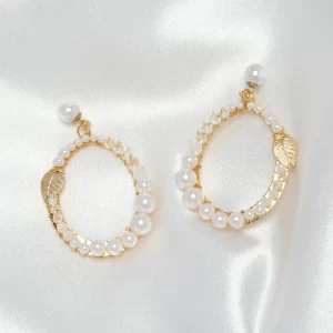 E468 - Golded Sway Earrings gold pearl Swarovski crystals white classy boho handmade bridal boho statement large oversized popular unique