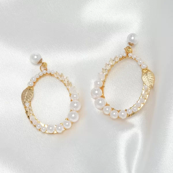 E468 - Golded Sway Earrings gold pearl Swarovski crystals white classy boho handmade bridal boho statement large oversized popular unique