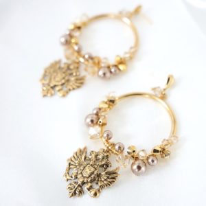 E619 - Regal Eagle Loops Earrings royal ethereal vintage elegant earth tone Swarovski crystals gold handmade bridal hoops historical charm