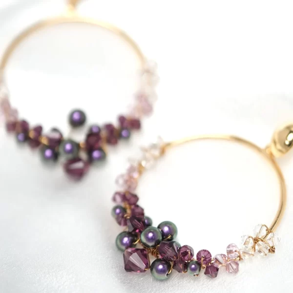 E602 - Purple Luster Loop Earrings amethyst pearls hoops Swarovski crystals gold handmade enchanting bestseller mystic lilac large statement