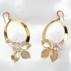 E467 - Golded Blossom Earrings gold pearl Swarovski crystals white floral boho handmade bridal large boho statement large oversized rose art