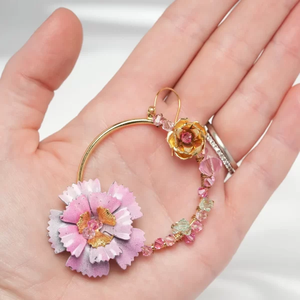 E611 - Rustic Charm Loop Earrings pink vintage boho farmhouse floral flowers hoops Swarovski crystals gold handmade enchanting statement art