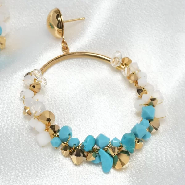 E610 - Turquoise Oasis Loop Earrings blue ocean hoop Swarovski white opal crystals aqua beach gold handmade bridal something blue bridesmaid