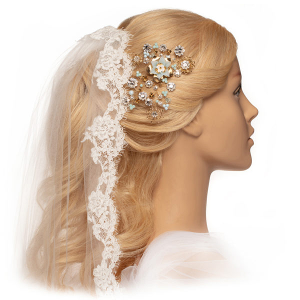 C124 - Pastel Blue Comb headpiece crystals flowers gold something blue floral Swarovski wedding bridal handmade ethereal royal white mint