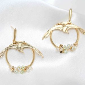 E620 - Heron Skies Loop Earrings blue green gold spring wedding Swarovski hoops crystals handmade customizable statement wired bird animals