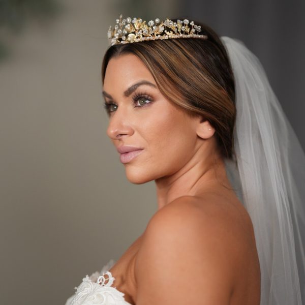 T042 - Divine tiara bridal headpiece wedding hair accessory handmade ethereal customizable goddess gold leaves Swarovski royal pearls regal
