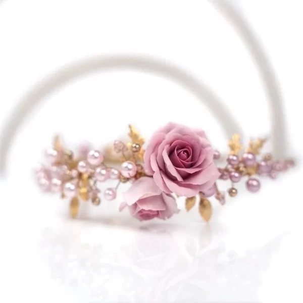 H431 - Blush Bouquet Headband gold leaves flowers blush rose freshwater pink pearls Swarovski crystals rose beach wedding bridal crown royal