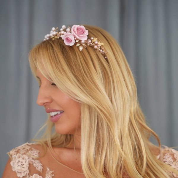 H431 - Brush Bouquet Headband gold leaves flowers blush rose freshwater pink pearls Swarovski crystals rose beach wedding bridal crown royal