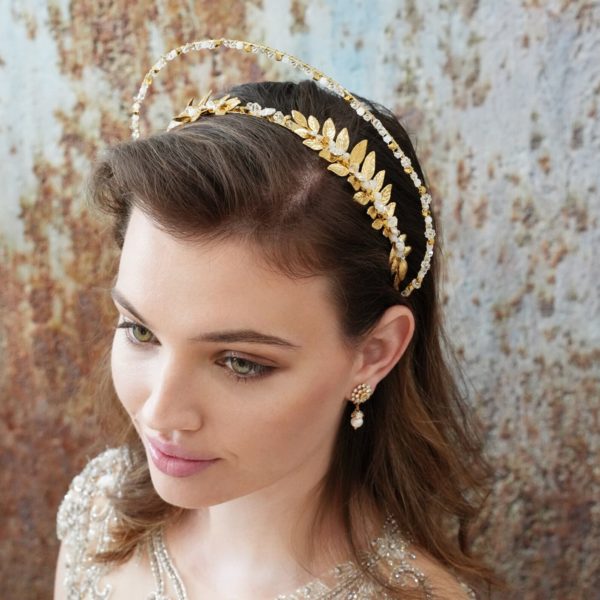H430 - Grecian Halo Headband bridal hair accessories tiara headpiece leaves swarovski crystals wedding handmade custom statement nature gold