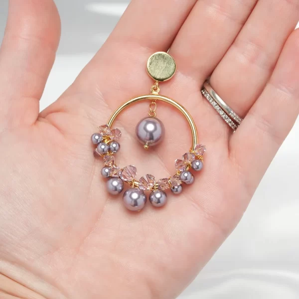 E613 - Aura of Lavender Loop Earrings lavender pearls hoops Swarovski crystals gold handmade enchanting mystic lilac large statement round unique opulent gift for her