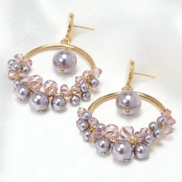 E613 - Aura of Lavender Loop Earrings lavender pearls hoops Swarovski crystals gold handmade enchanting mystic lilac large statement round unique opulent gift for her