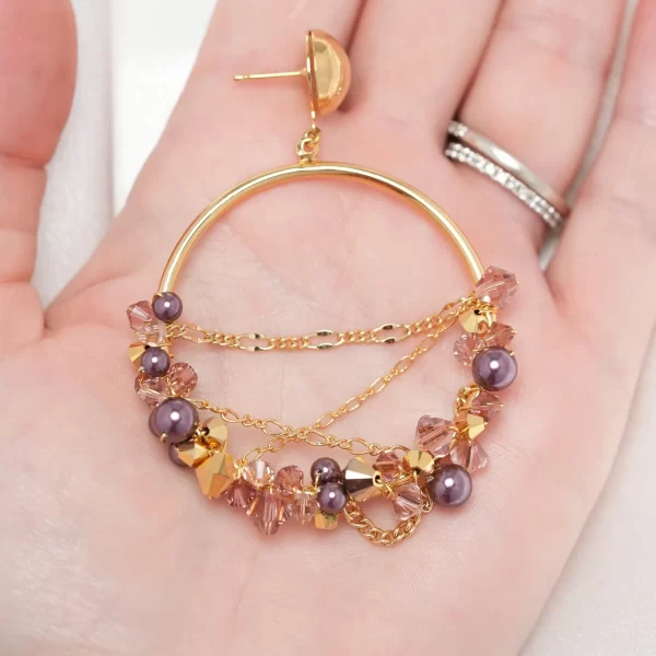E616 - Grapevine Chain Loop Earrings purple pearls hoops Swarovski crystals gold handmade enchanting mystic rose large statement sparkle