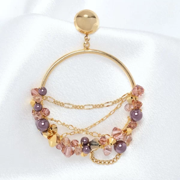 E616 - Grapevine Chain Loop Earrings purple pearls hoops Swarovski crystals gold handmade enchanting mystic rose large original sparkle