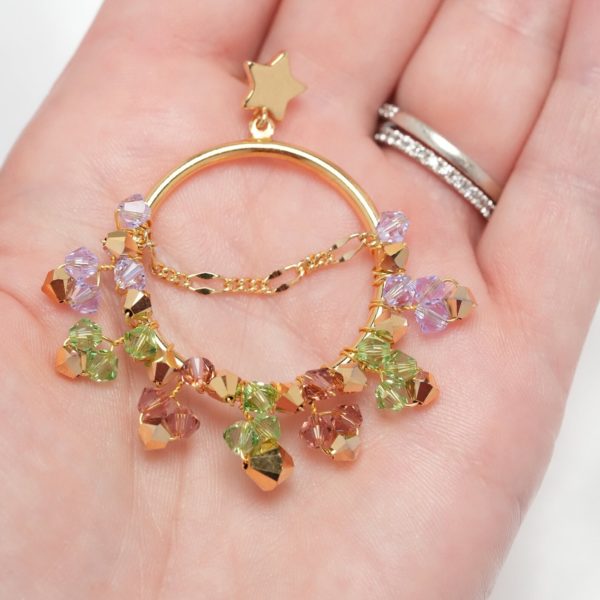 E622 - Joyful Loop Earrings purple green lavender Swarovski crystals happy rainbow gold handmade award winning tampa naples hoops customizable dazzling chain